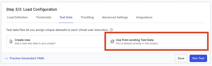 The Test Data tab with the Create new and Use from existing Test Data options