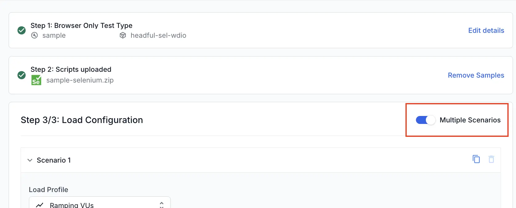 Screenshot of scenario configuration in BrowserStack Selenium load testing UI