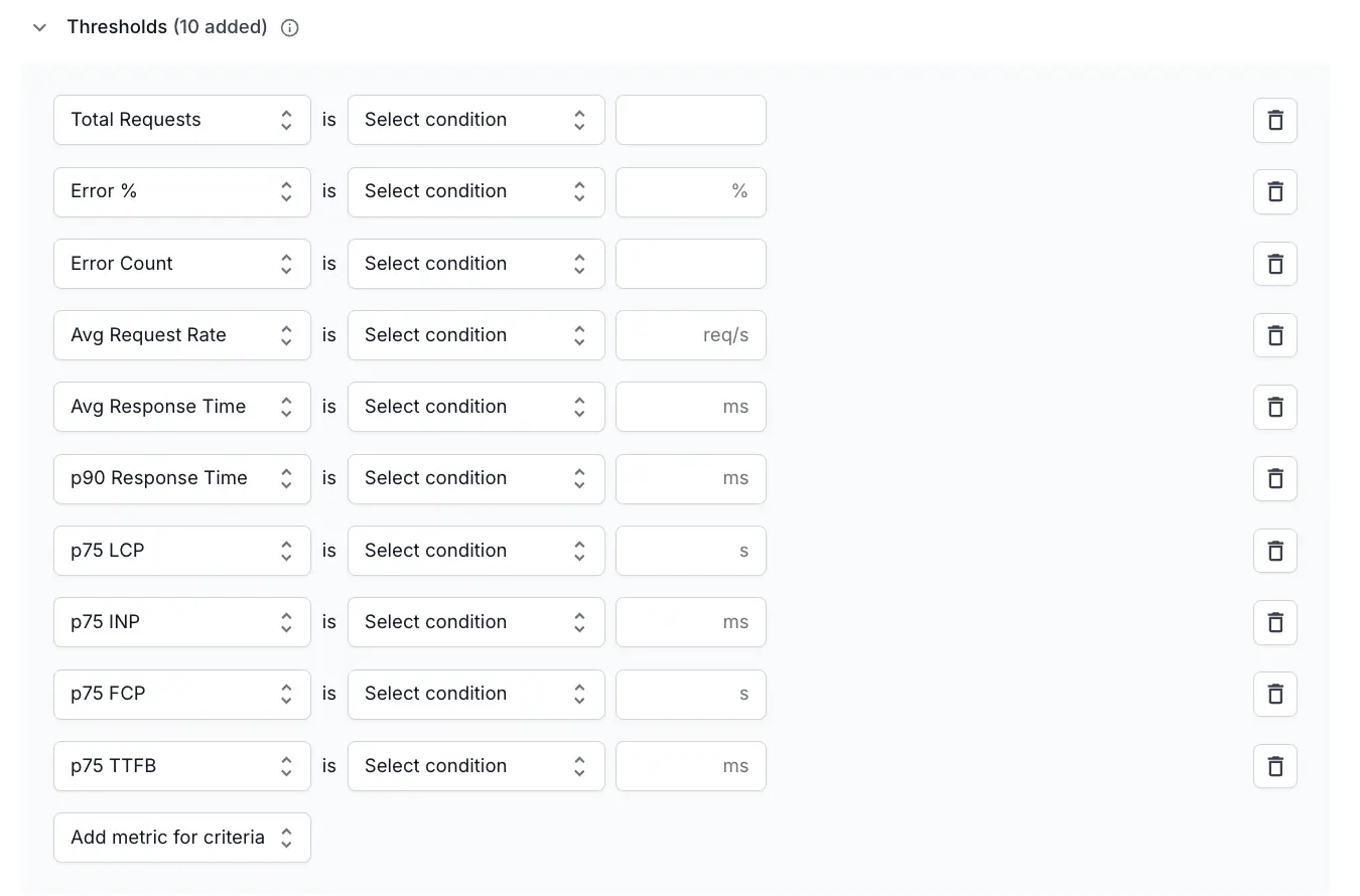 Add metric for criteria button with metric selection dropdown in BrowserStack load testing UI