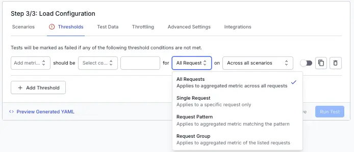 The Thresholds tab with a threshold row and the request scope set to All Requests
