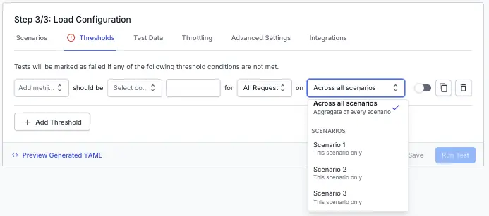 The scenario scope dropdown showing Across all scenarios and the individual scenario options
