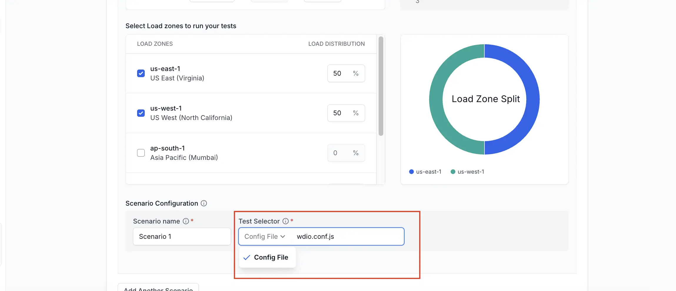 Screenshot of scenario configuration in BrowserStack WebDriverIO load testing UI