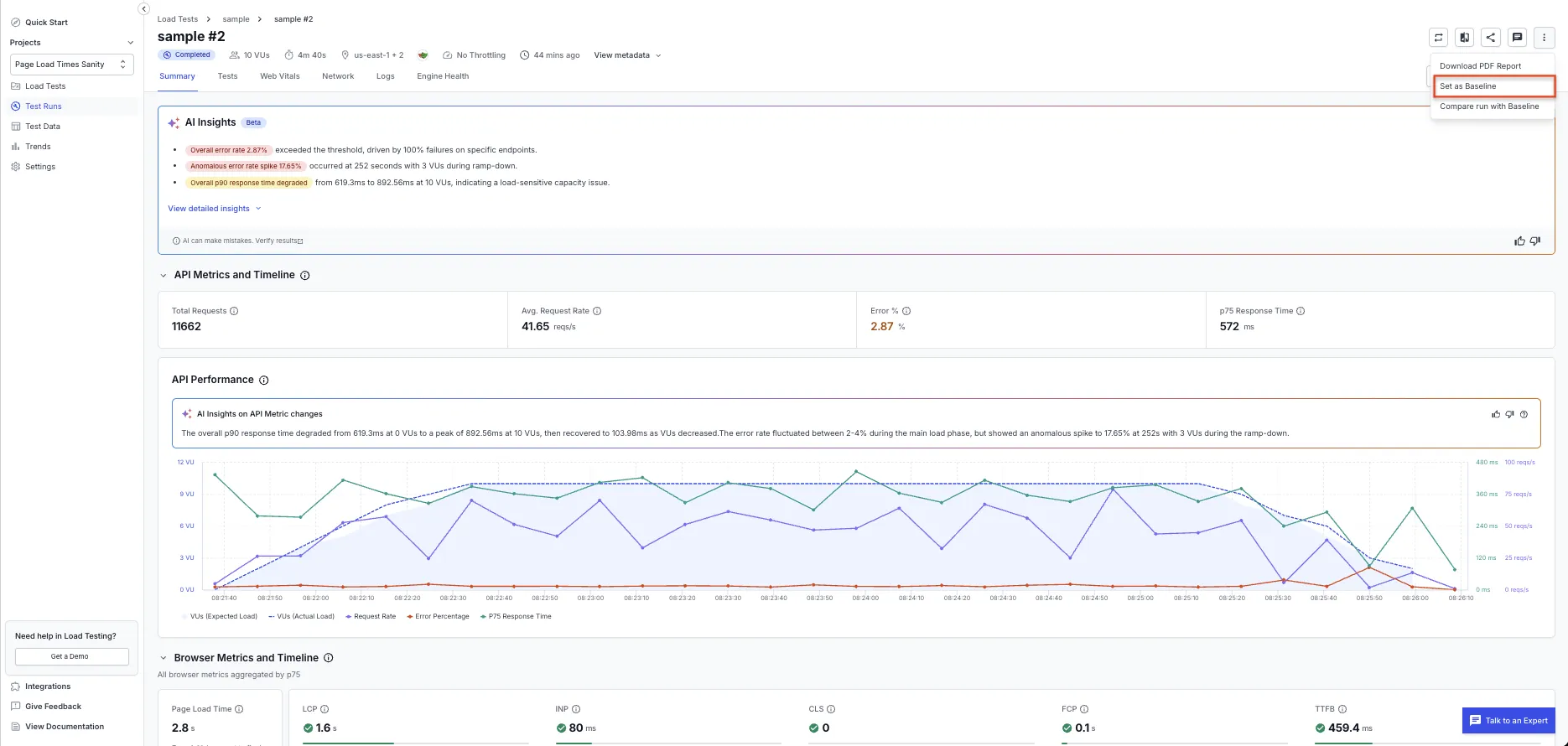 The report kebab menu open, with Set as Baseline highlighted alongside Download PDF Report and Compare run with Baseline.