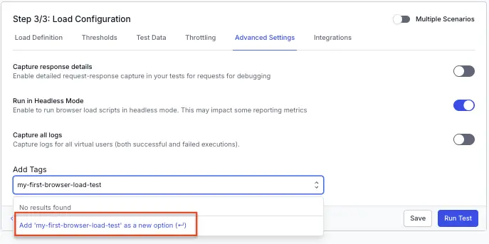 Add Tags dropdown showing the option to add a typed value as a new tag