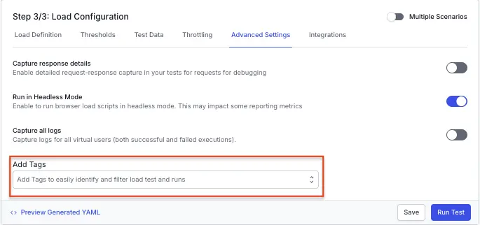 Advanced Settings tab in the Load Configuration step with the Add Tags field highlighted