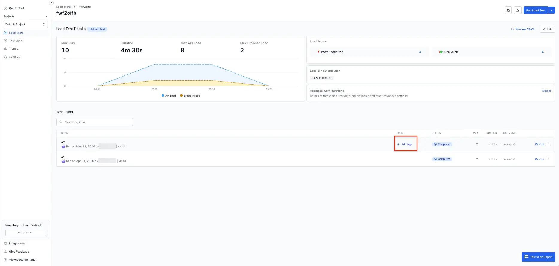 Load test details page with Add tags option next to a specific run