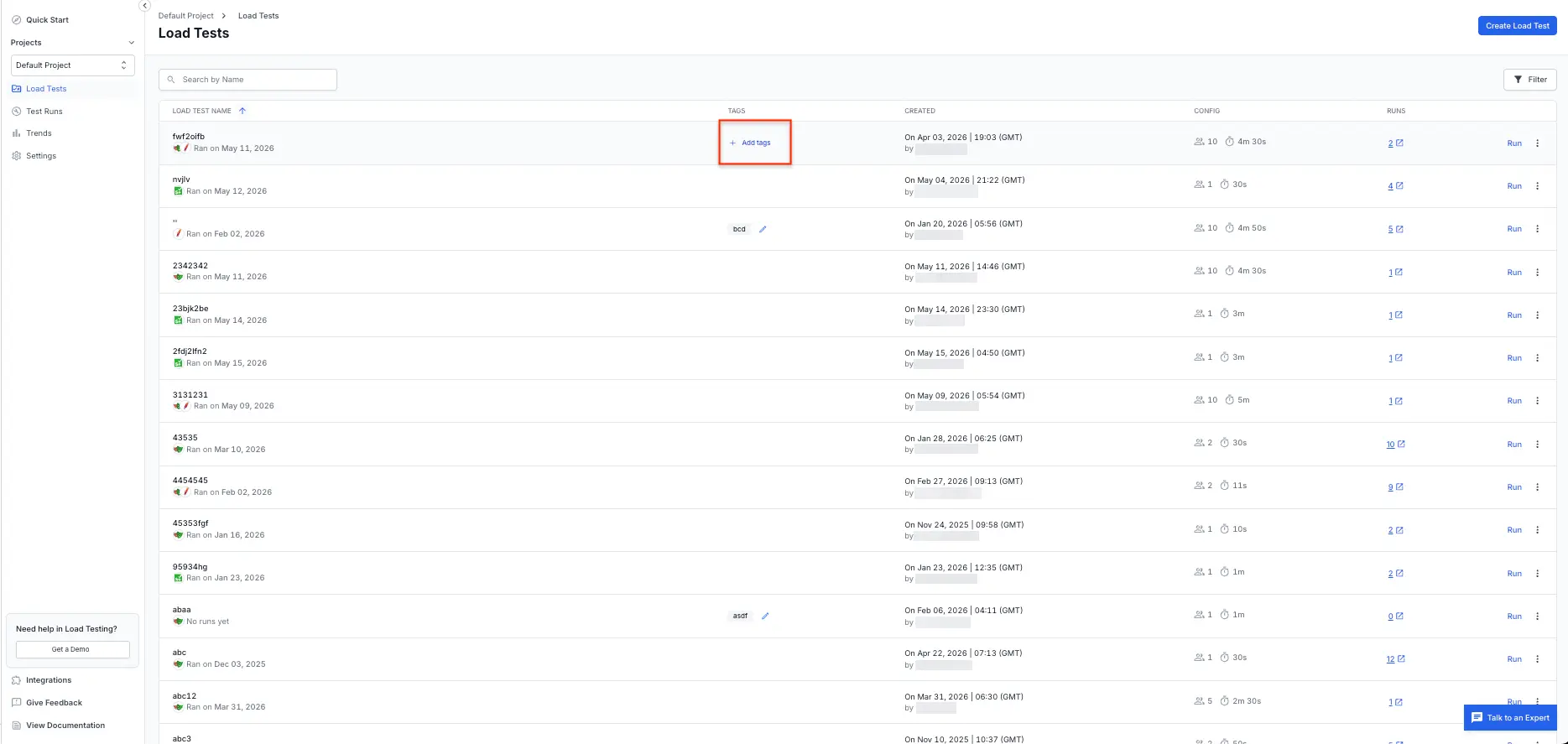 Load Tests list page with the Add tags option highlighted in the Tags column