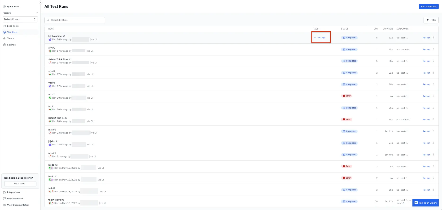 All Test Runs page with the Add tags option highlighted in the Tags column