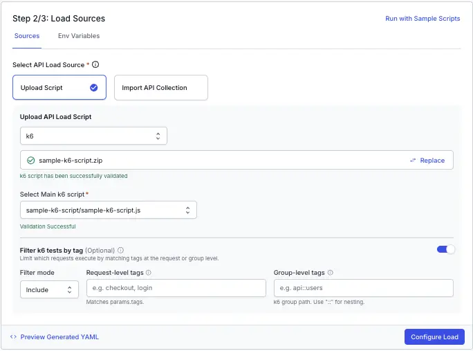 Filter k6 tests by tag section on the Load Sources step, with the toggle enabled and Filter mode, Request-level tags, and Group-level tags fields visible