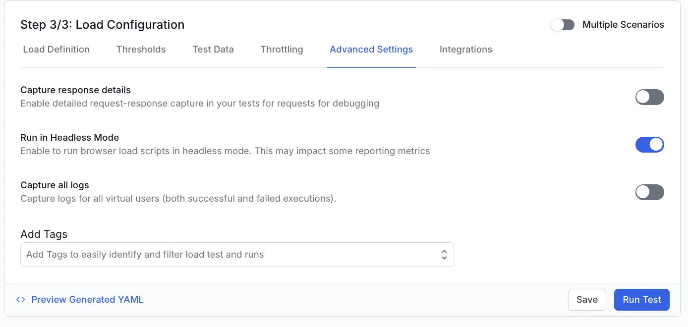 Screenshot showing the Run in Headless Mode toggle in the Advanced Settings tab of Load Configuration