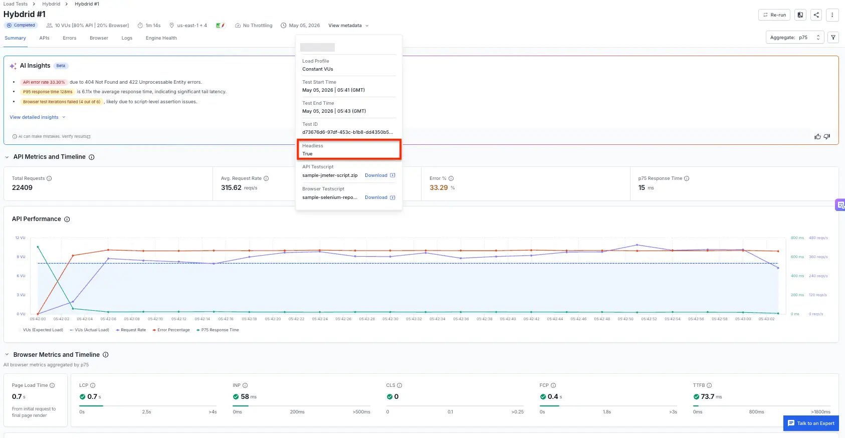 Screenshot showing the metadata of the test run with Headless as True