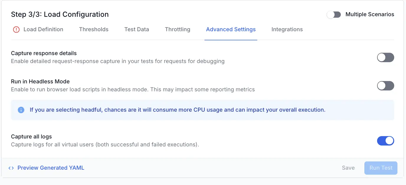 Screenshot showing the Capture all logs toggle in the load testing configuration UI