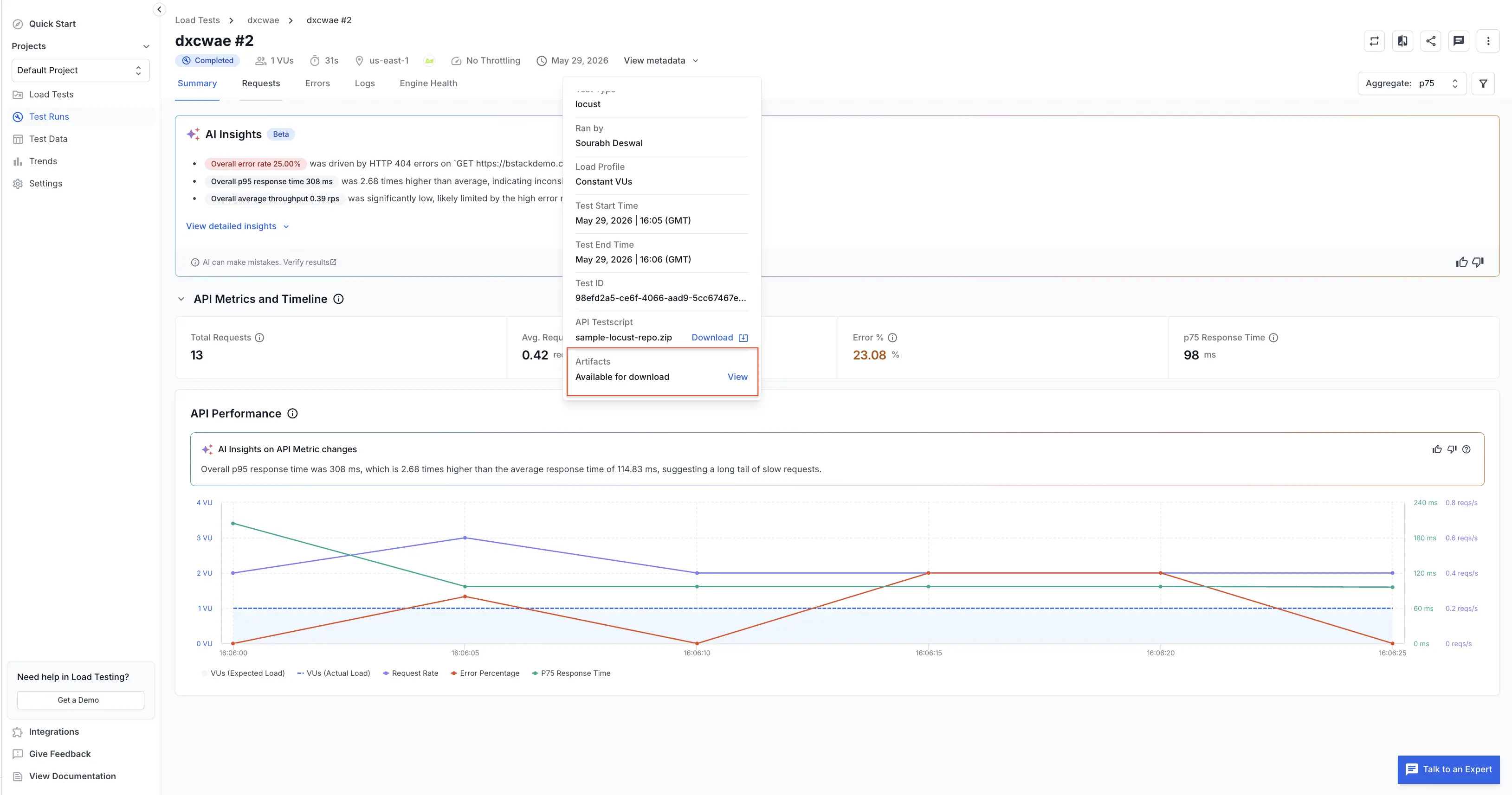 The Artifacts entry within the View metadata section on the test results page, with the View option highlighted.