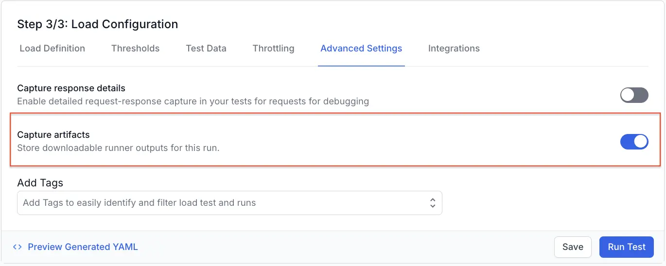 The Capture artifacts toggle within the Additional settings panel of the test configuration screen.