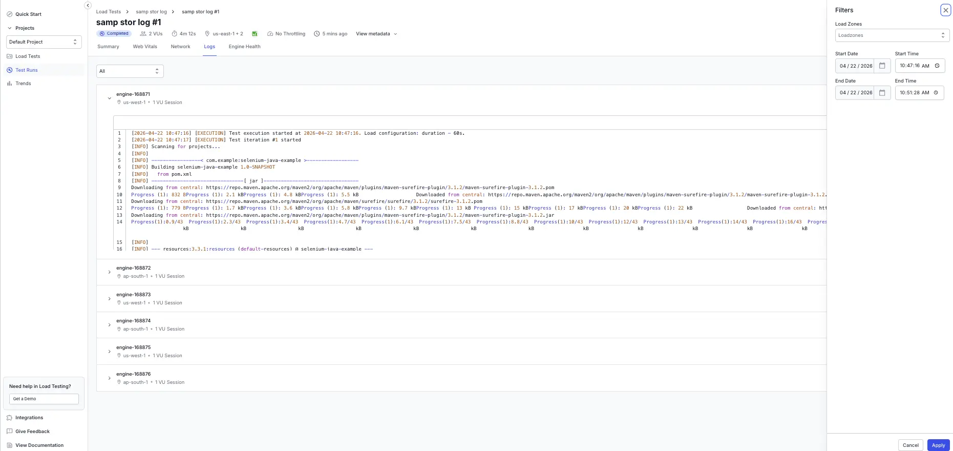 Screenshot showing the enhanced Logs tab with filtering options and grouped logs