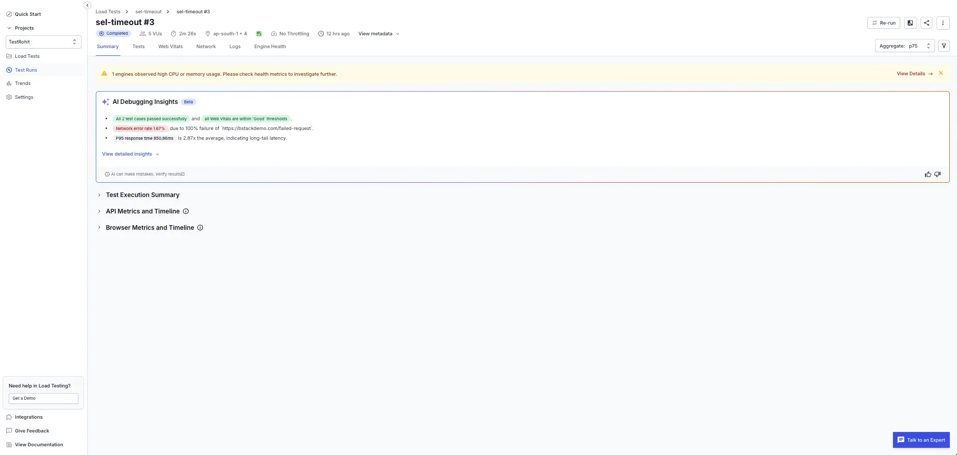 Summary tab showing AI Debugging Insights, Test Execution Summary, API Metrics and Timeline, and Browser Metrics and Timeline