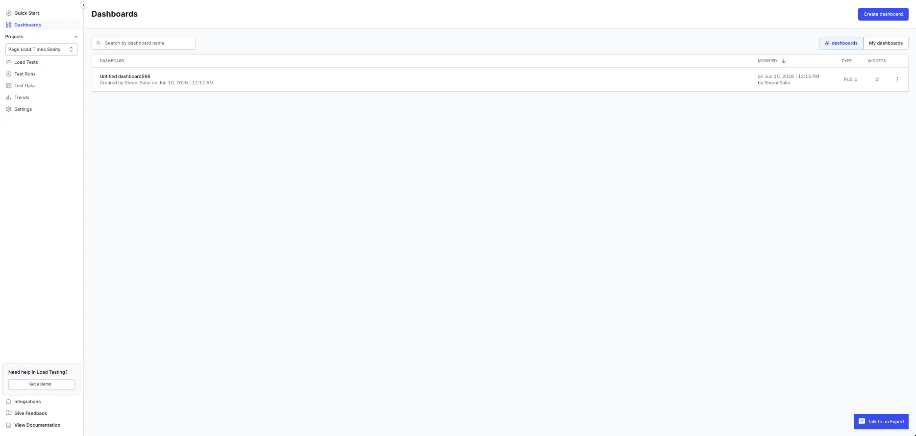 The Dashboards page listing a project's dashboards with columns for name, last modified, type, and widget count.