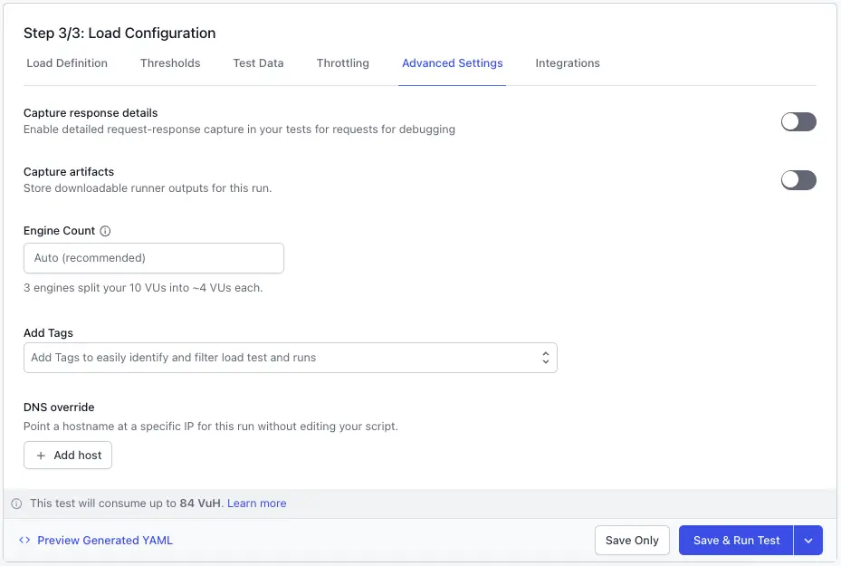 Engine count field in the Load Testing UI configuration panel.