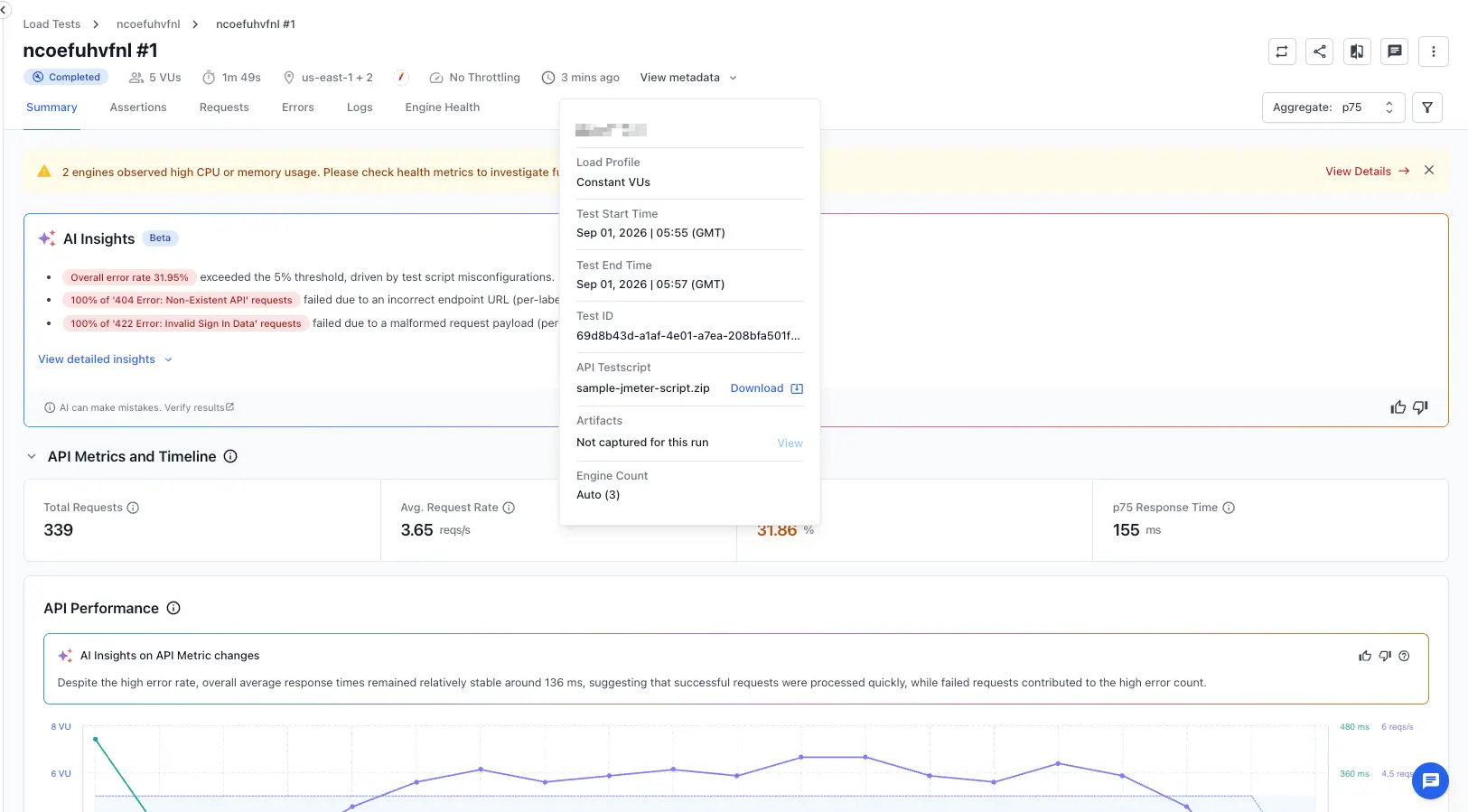 View Metadata popover on a run report, highlighting the Engine Count row.