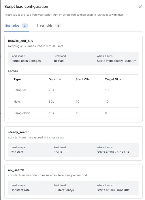 Load Definition tab showing Script load configuration card