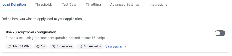 Script load configuration card showing VUs, duration, and scenarios
