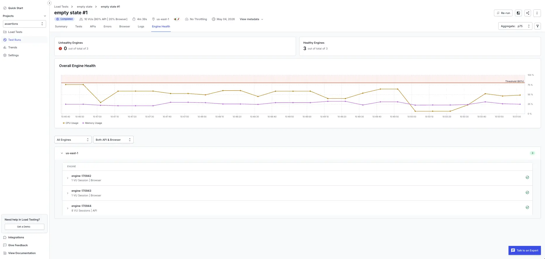 Engine Health tab showing engine health overview and CPU/memory time-series chart