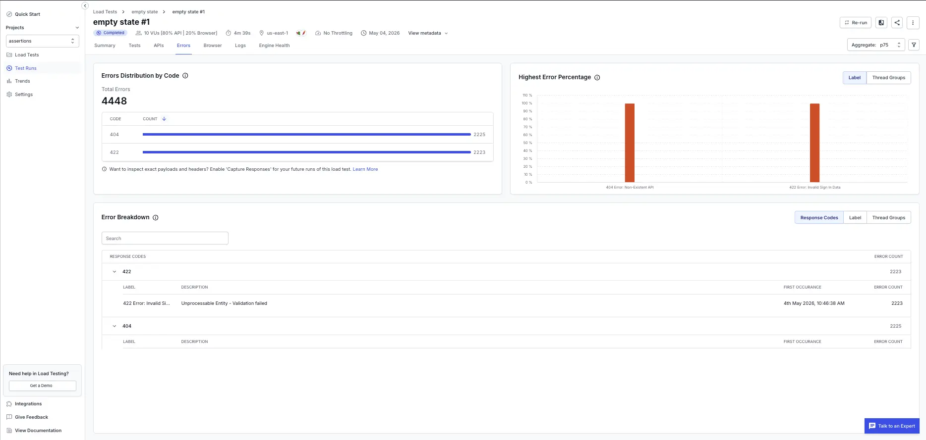 Errors tab showing Errors Distribution by Code, Highest Error Percentage chart, and Error Breakdown table
