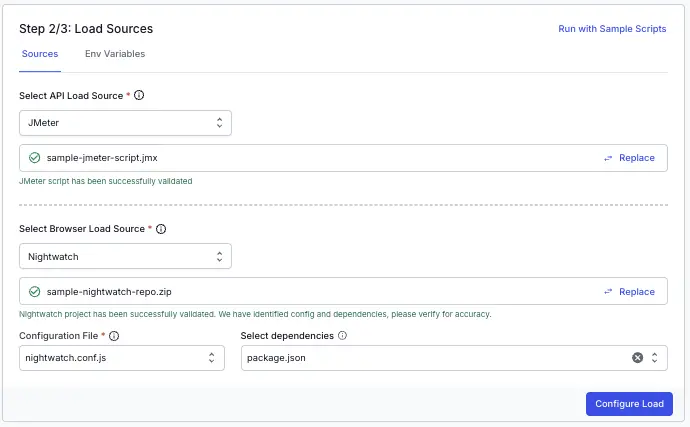 Dashboard showing successful validation of a Nightwatch project ZIP with config and dependencies