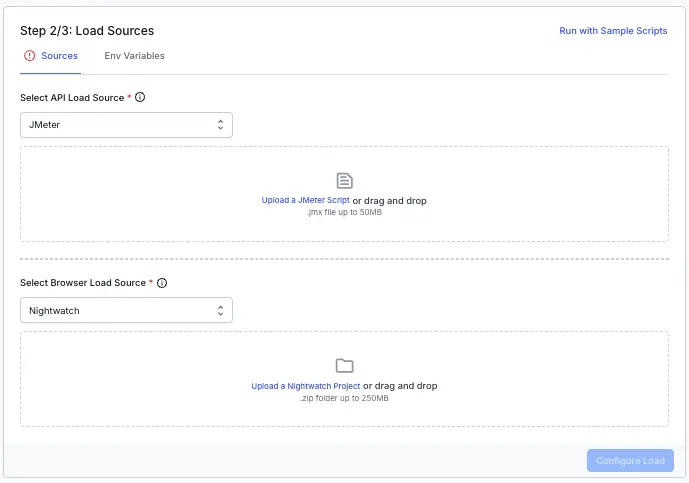 Screenshot of load testing dashboard asking to add scripts for load testing