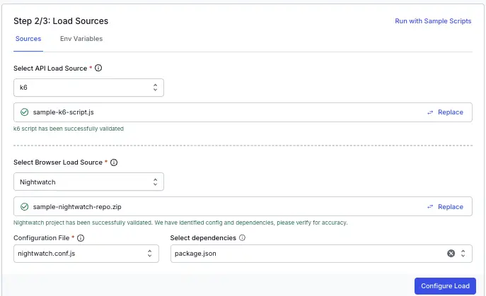 Dashboard showing successful validation of a Nightwatch project ZIP with config and dependencies