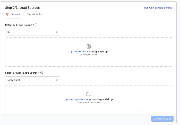 Screenshot of load testing dashboard asking to add scripts for load testing