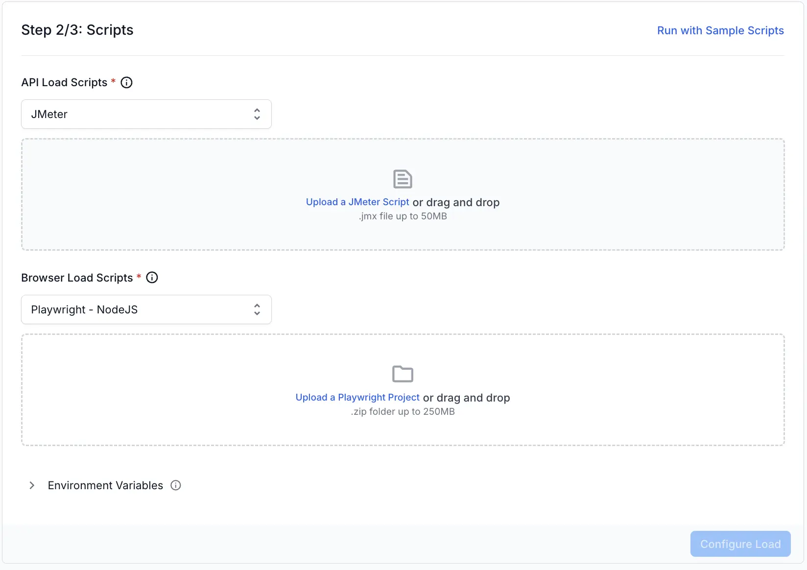 Screenshot of load testing dashboard asking to add scripts for load testing