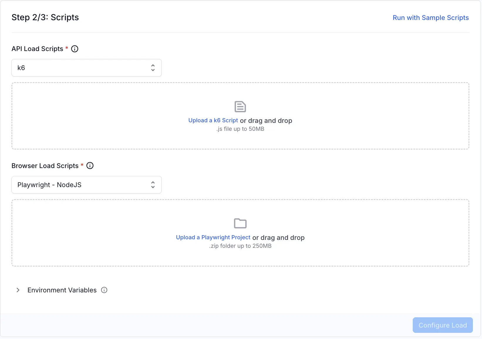 Screenshot of load testing dashboard asking to add scripts for load testing