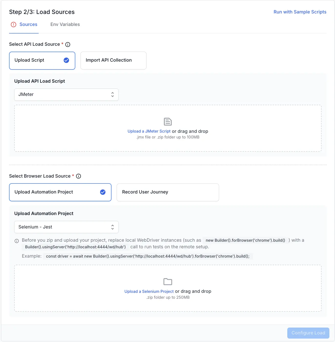 Load Sources step with JMeter selected as the API load source and Selenium - Jest selected as the browser automation project.