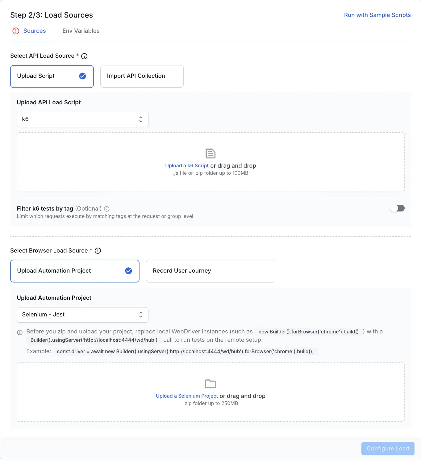Load Sources step with k6 selected as the API load source and Selenium - Jest selected as the browser automation project.
