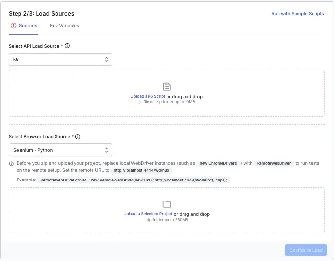 Screenshot of load testing dashboard asking to add scripts for load testing