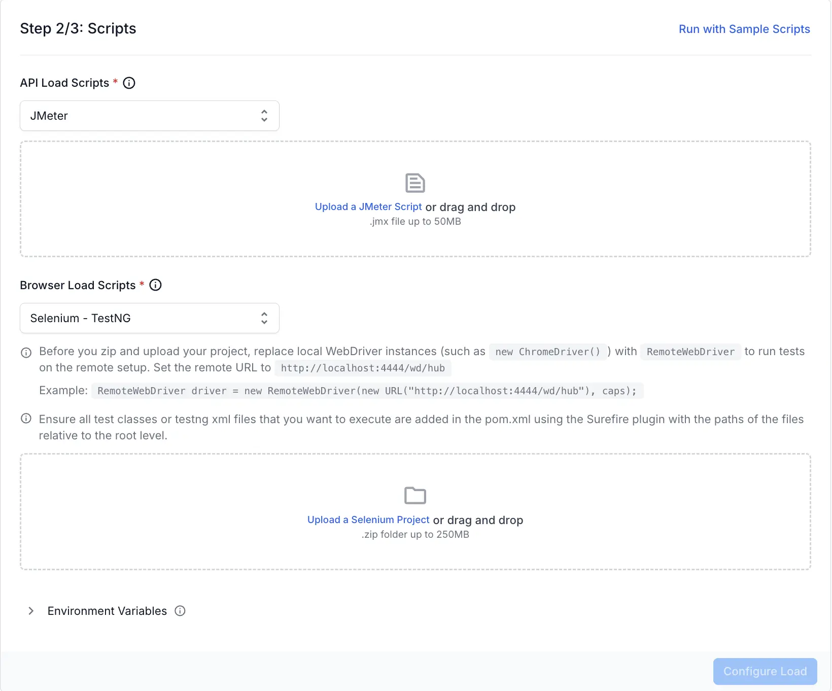 Screenshot of load testing dashboard asking to add scripts for load testing