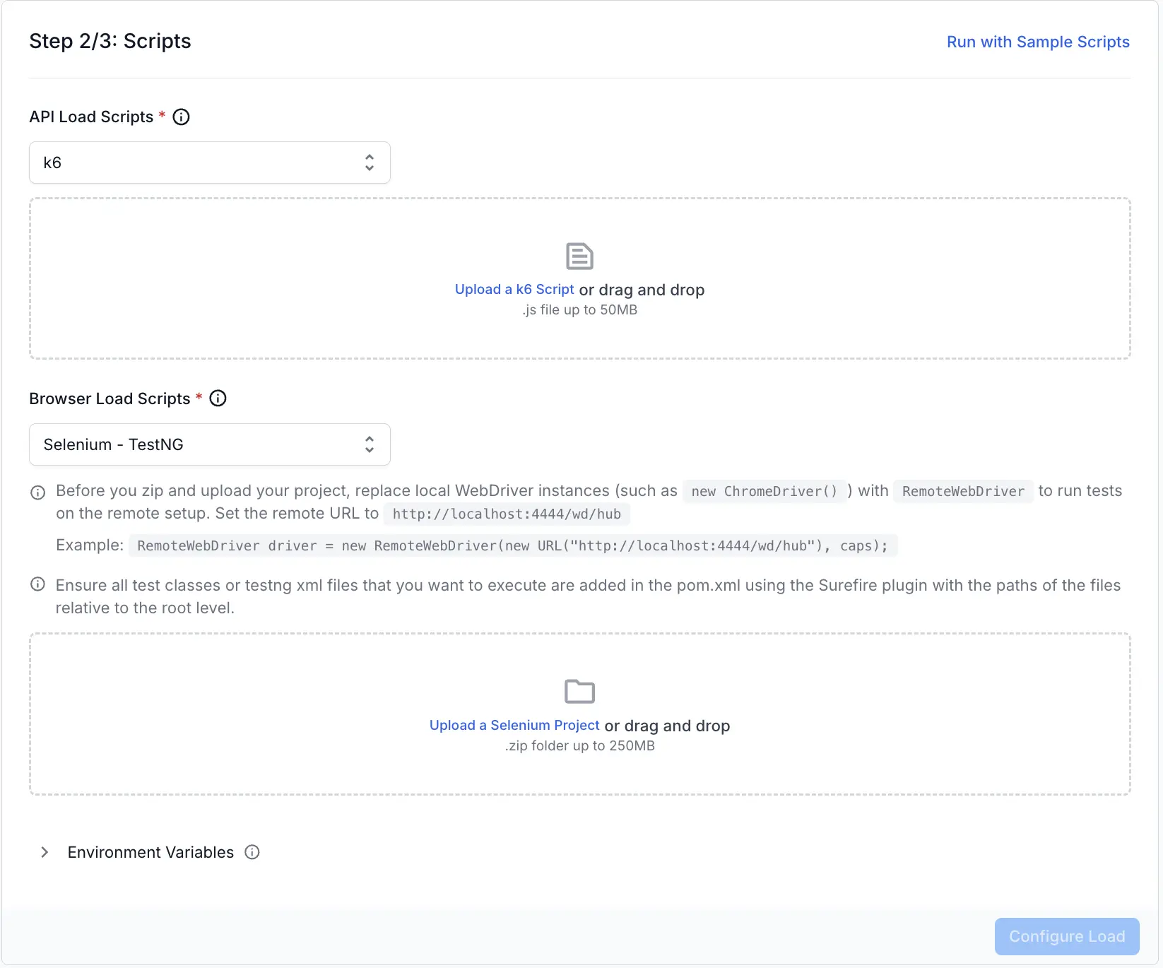 Screenshot of load testing dashboard asking to add scripts for load testing