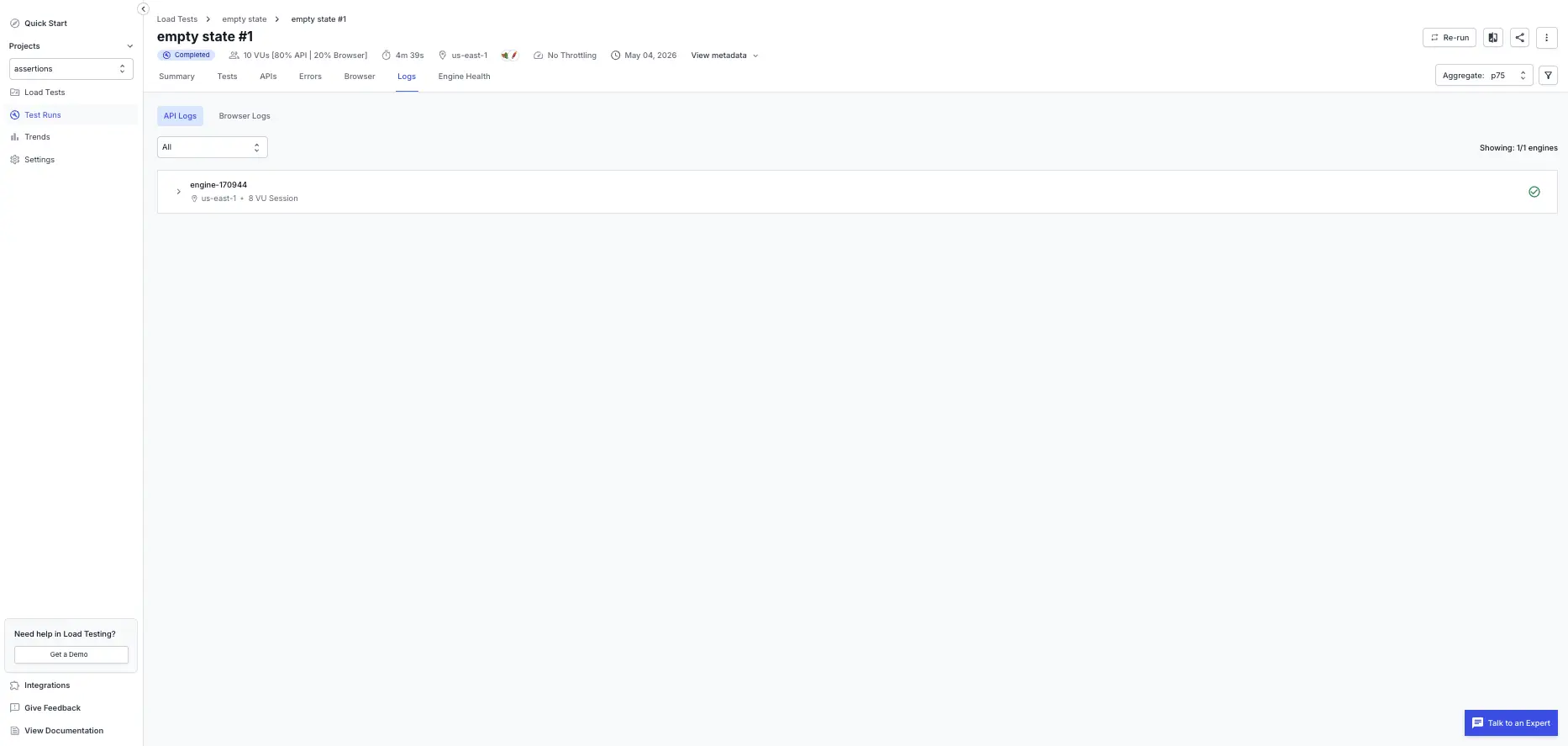API Logs tab showing the VU session list with API requests