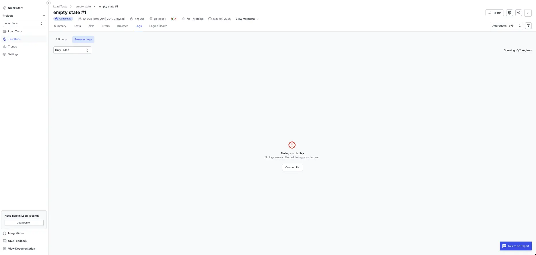 Browser Logs tab screenshot on the load testing dashboard