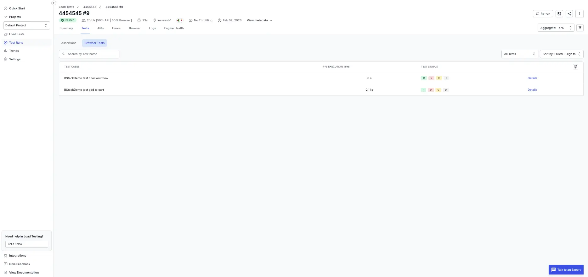 Hybrid Tests tab showing the list of test cases with their pass and fail status