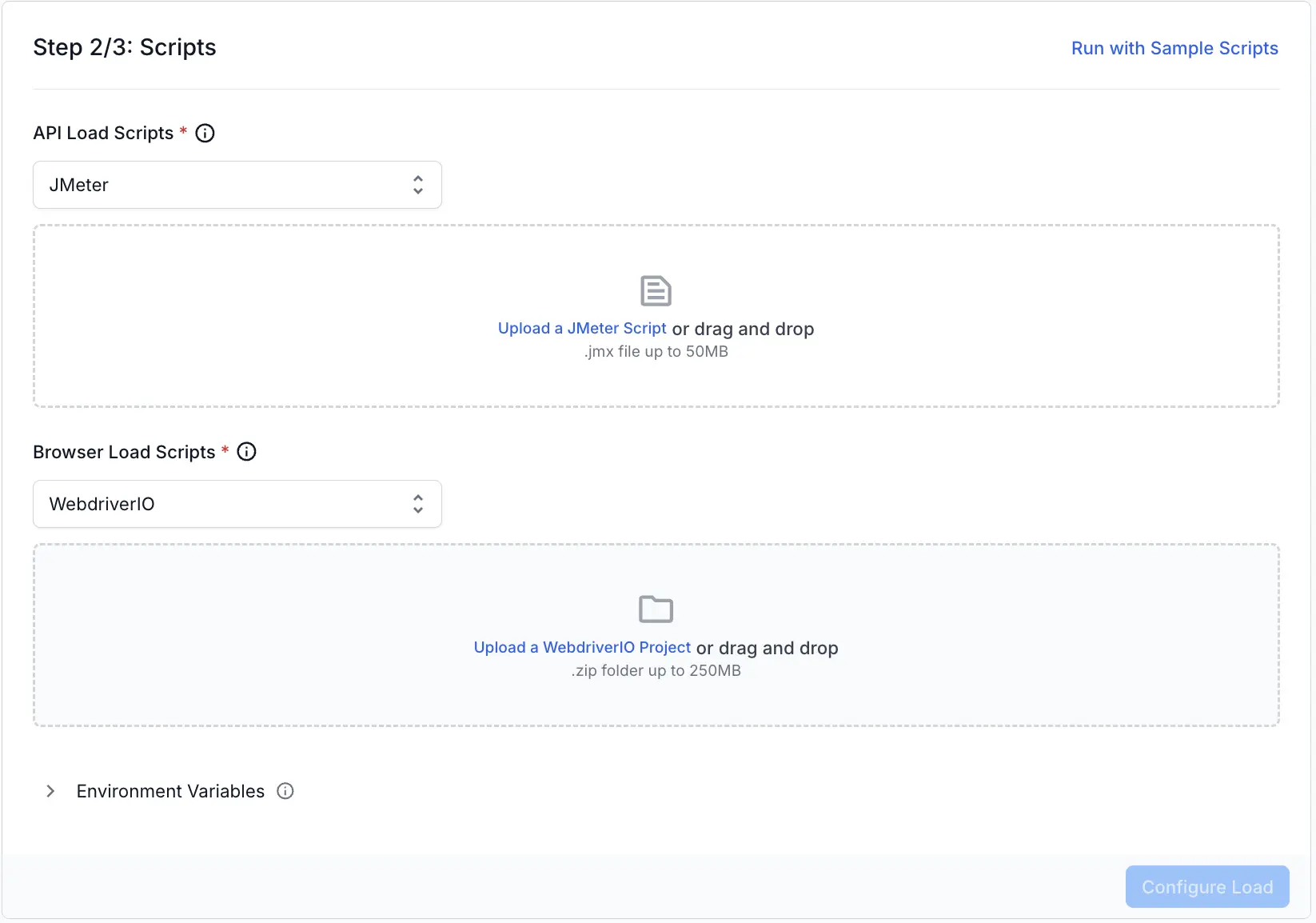 Screenshot of load testing dashboard asking to add scripts for load testing