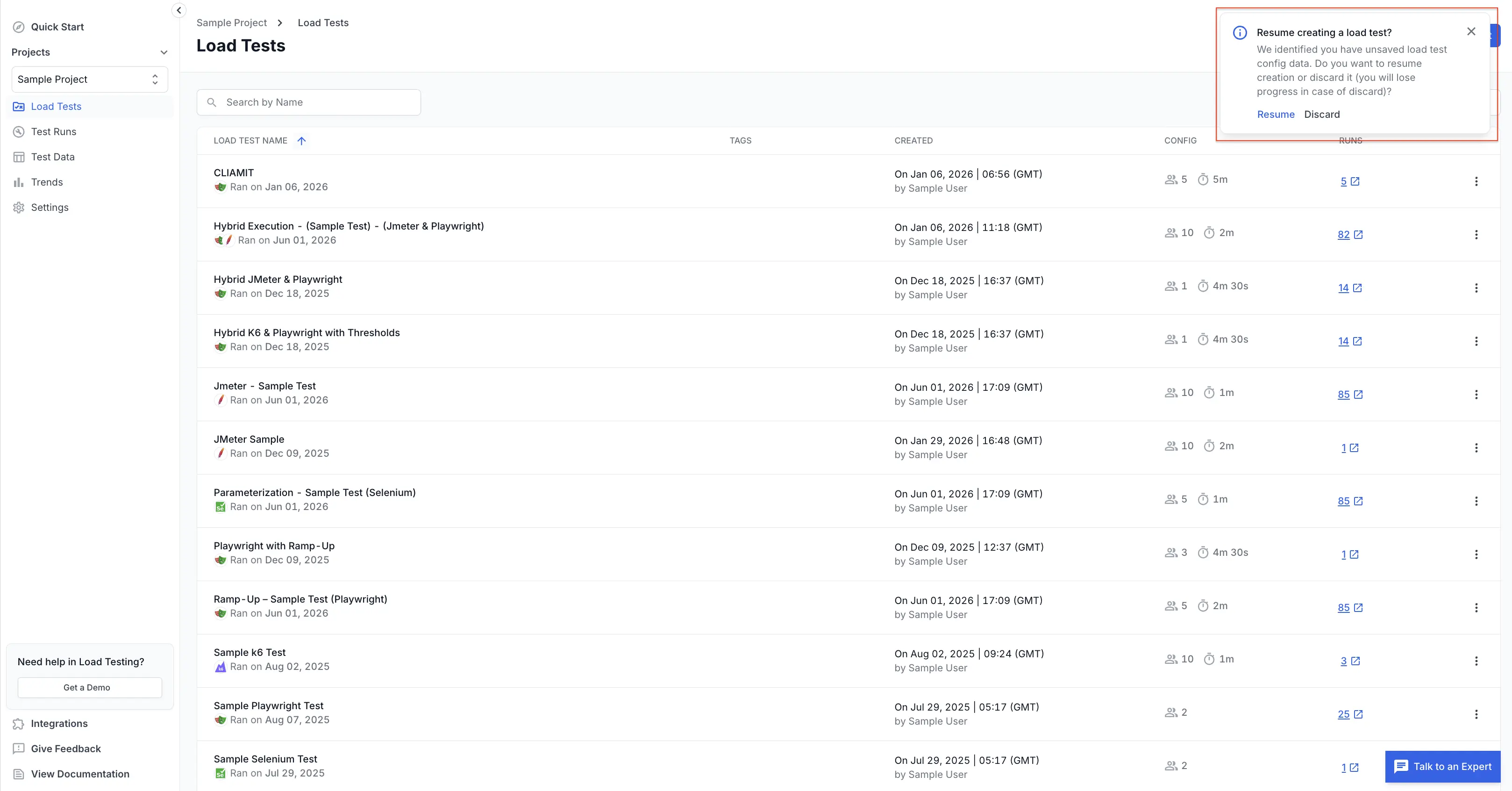 Resume creating a load test prompt on the Load Tests page with Resume and Discard options