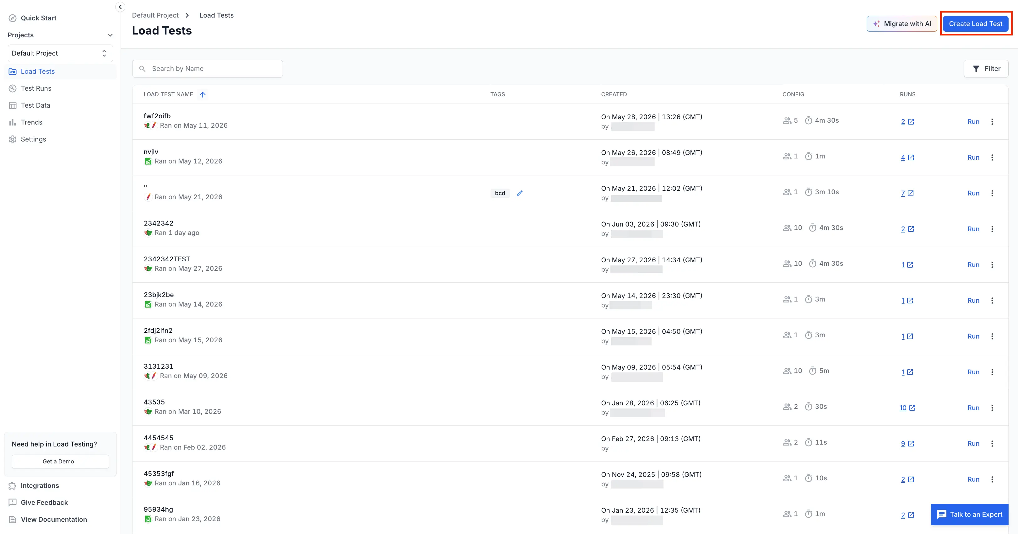 Load Tests page with the Create Load Test button highlighted