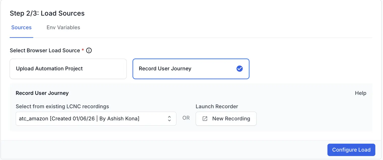 Load Sources step with Record User Journey selected and the New Recording option