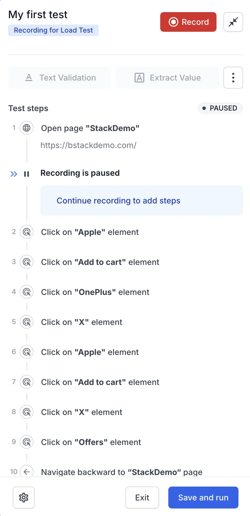 Recorder panel showing the recorded test steps in a paused state