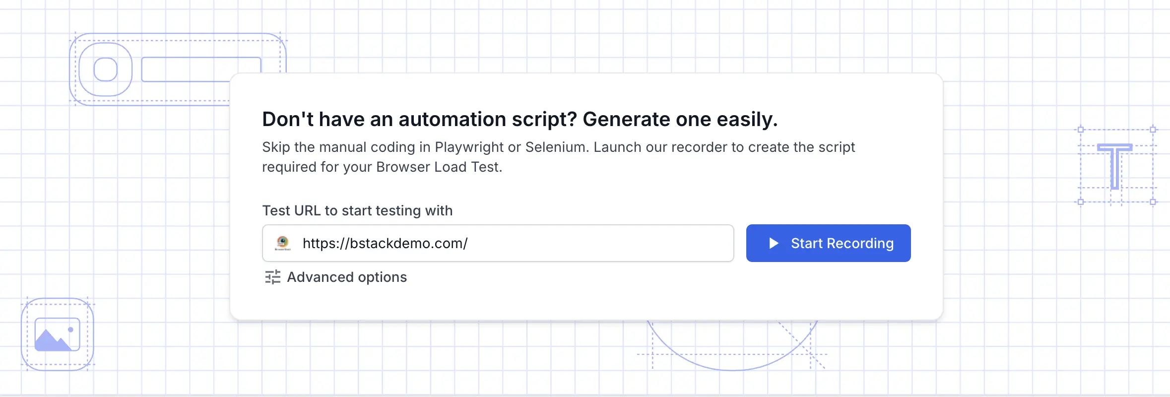 Recorder setup with the Test URL field and Start Recording button