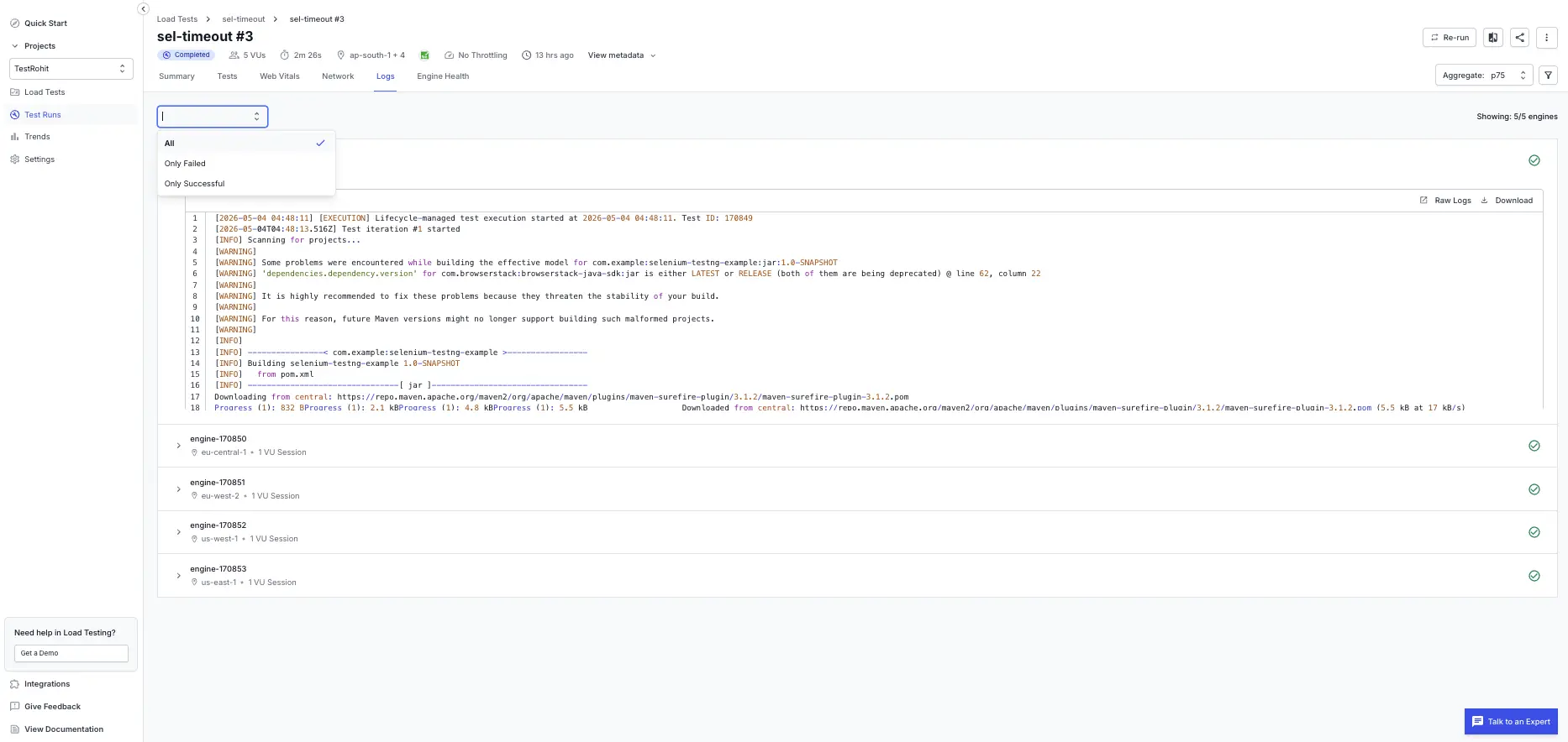 Logs tab showing the successful and failed session indicators with the log capture toggle