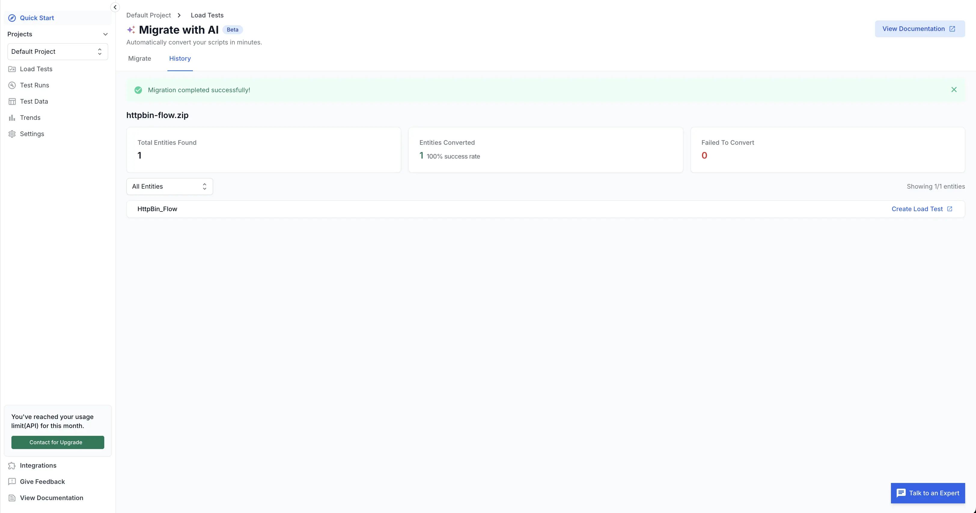 Entity list with conversion status, script names, and action buttons.