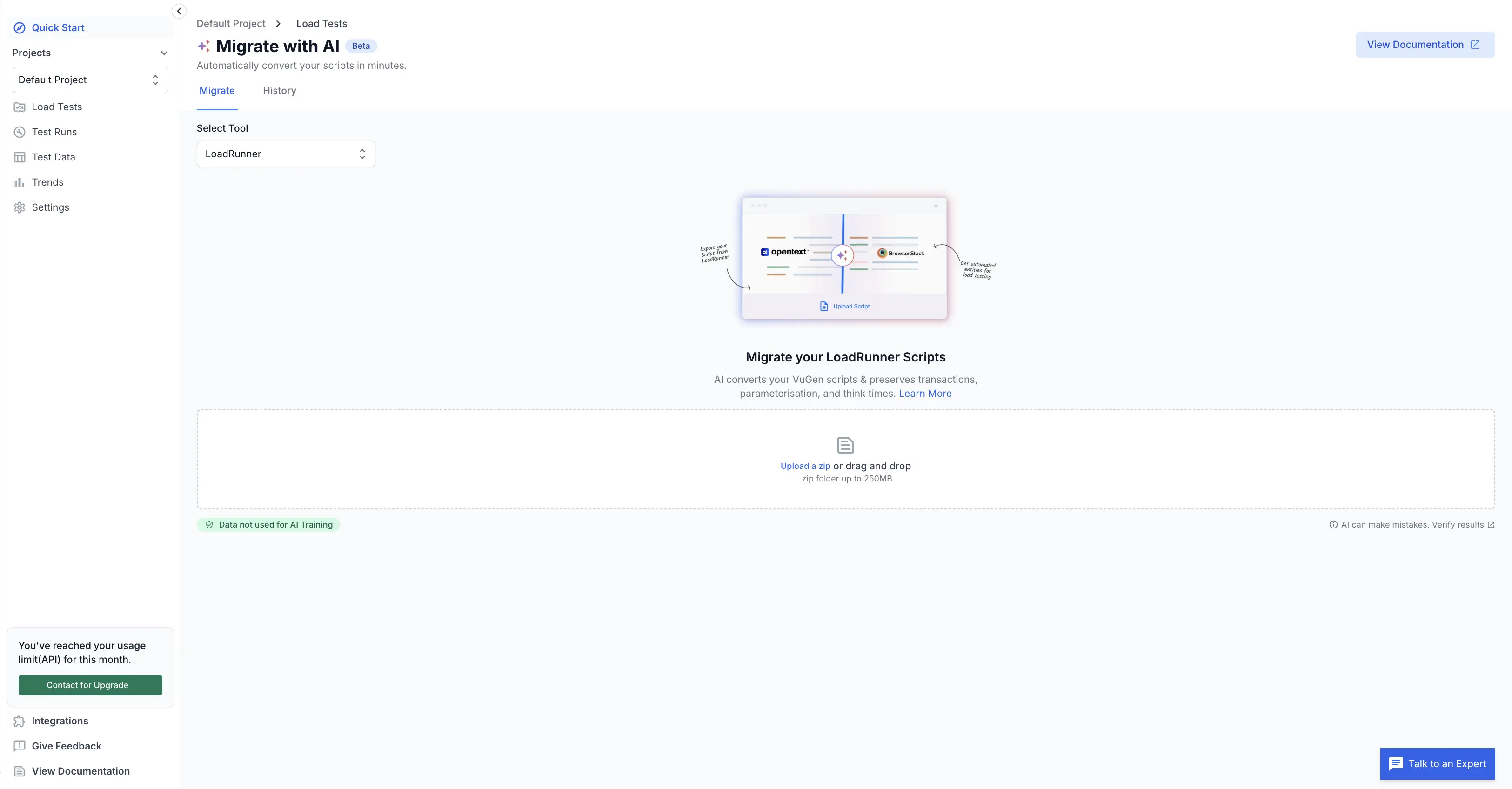 Load Tests page with the Import LoadRunner button and tool selector.